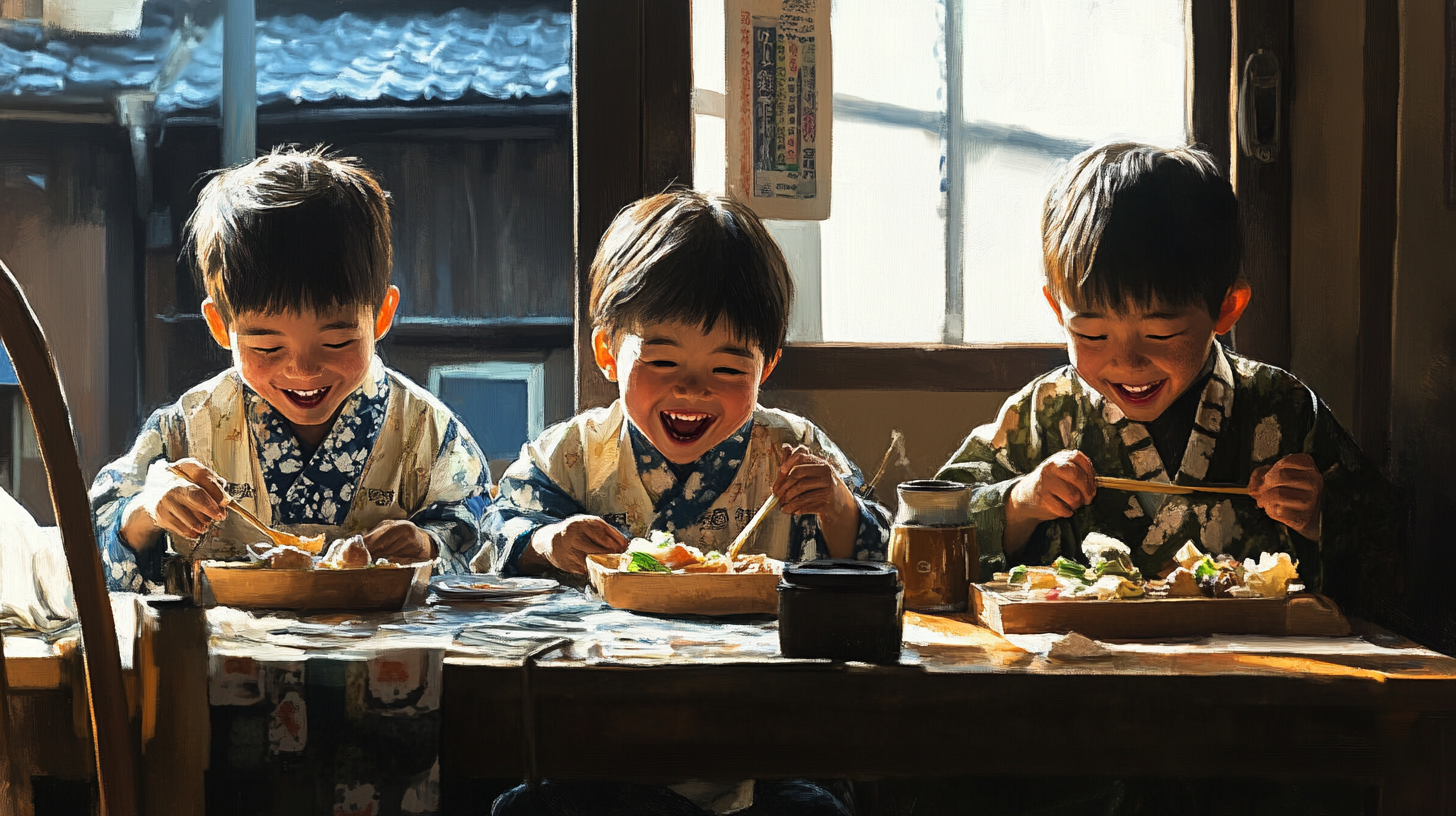 Japanese children from middle-class family enjoying meal