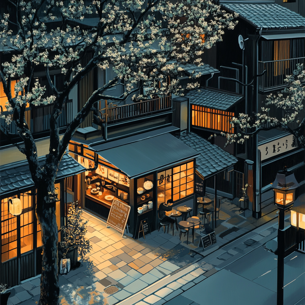 Japanese coffee shop in street with realistic details.