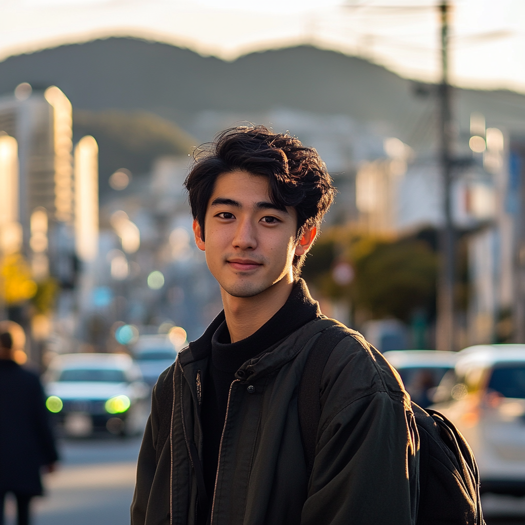 Japanese college student poses confidently in Nagasaki. Sun highlights his expression, city life behind him.