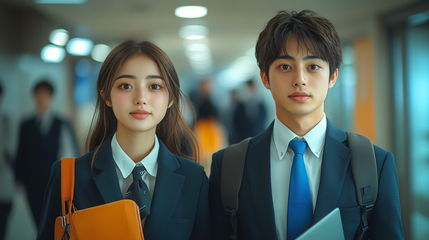 Japanese college students in suits walking in office with laptop.