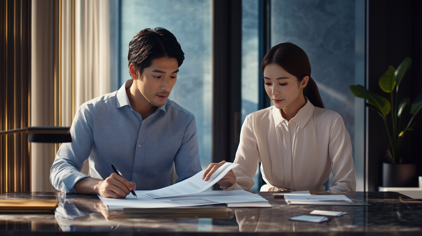 Japanese couple sitting in office with documents