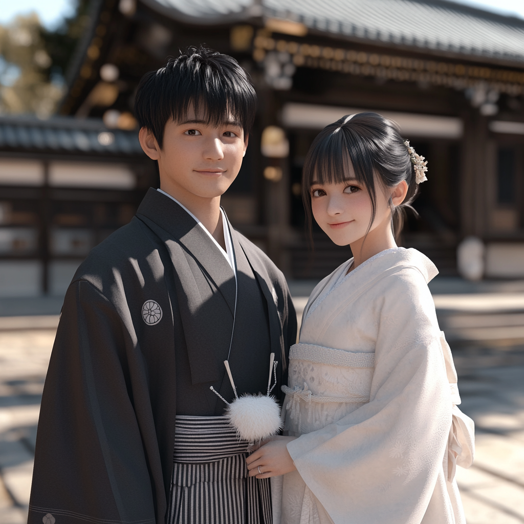 Japanese couple in ceremonial attire at shrine, smiling.