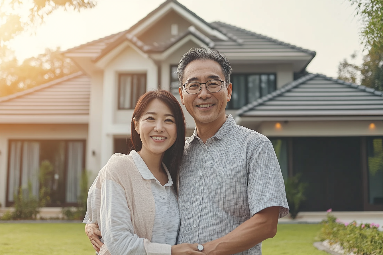 Japanese couple in front of new home, sunny day