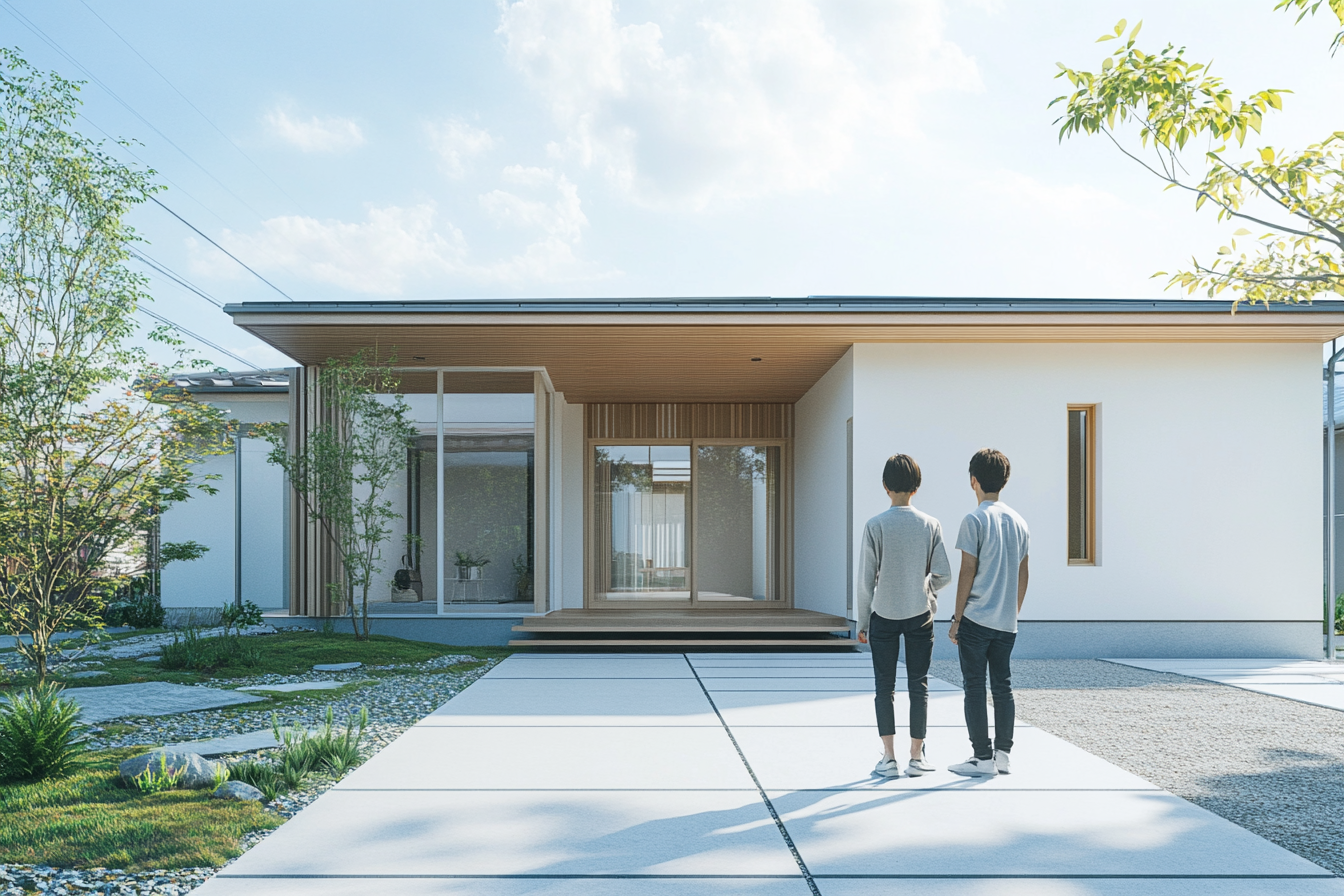 Japanese couple in front of new house