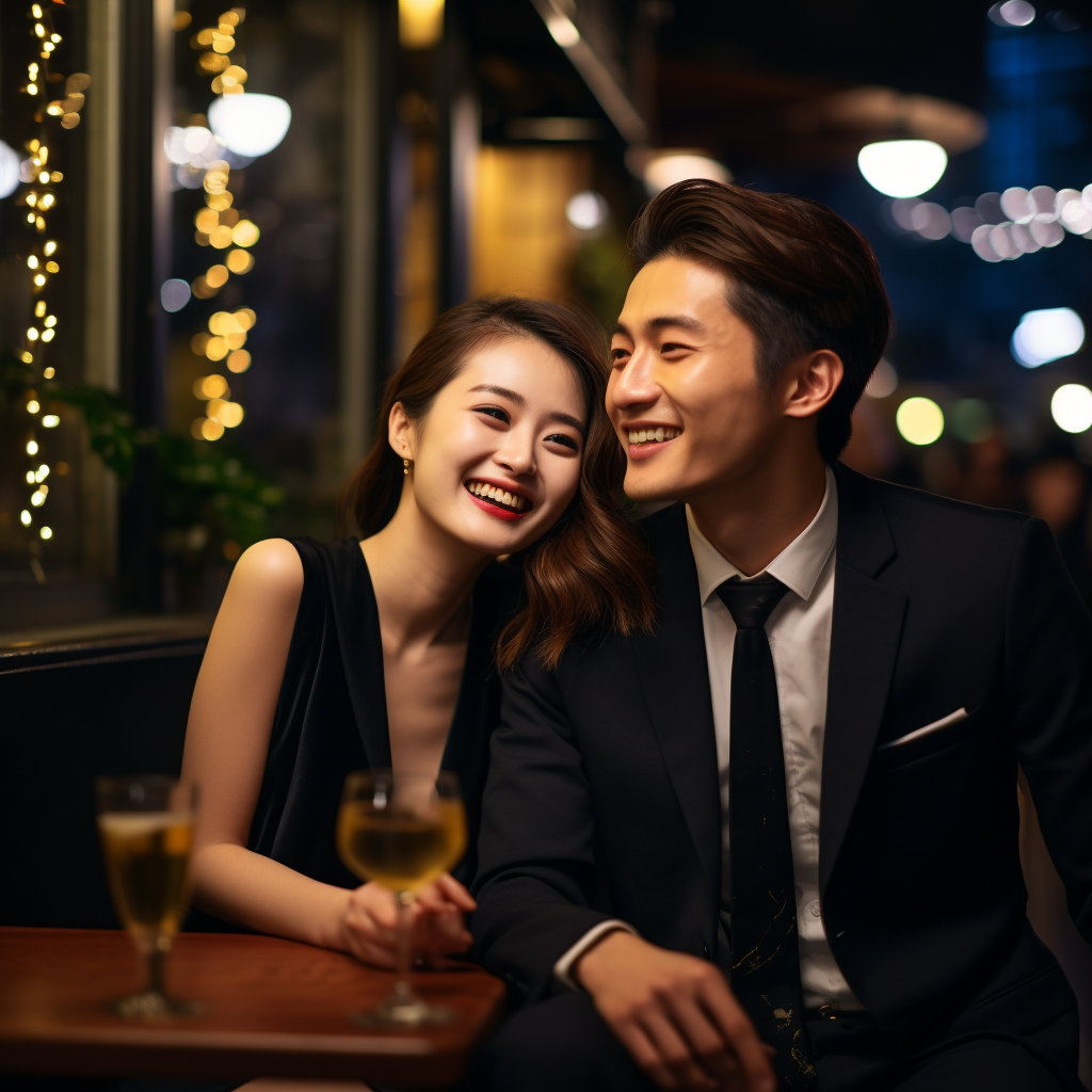 Japanese couple smiling in luxury attire