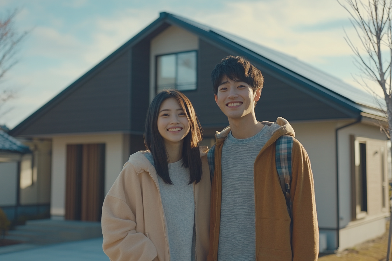 Japanese couple smiling in front of their modern home