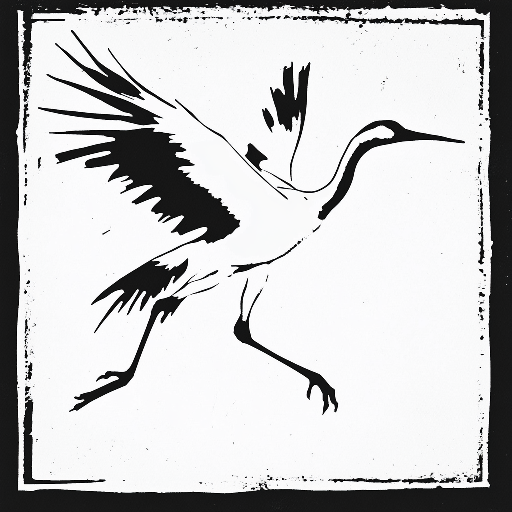 Japanese crane bird woodcut print in Chinese folk art.