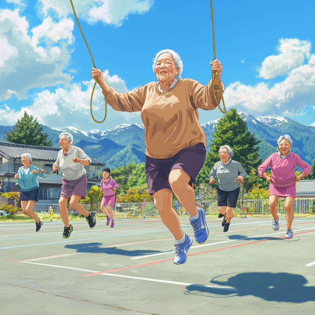 Japanese elderly women skipping rope at outdoor sports day