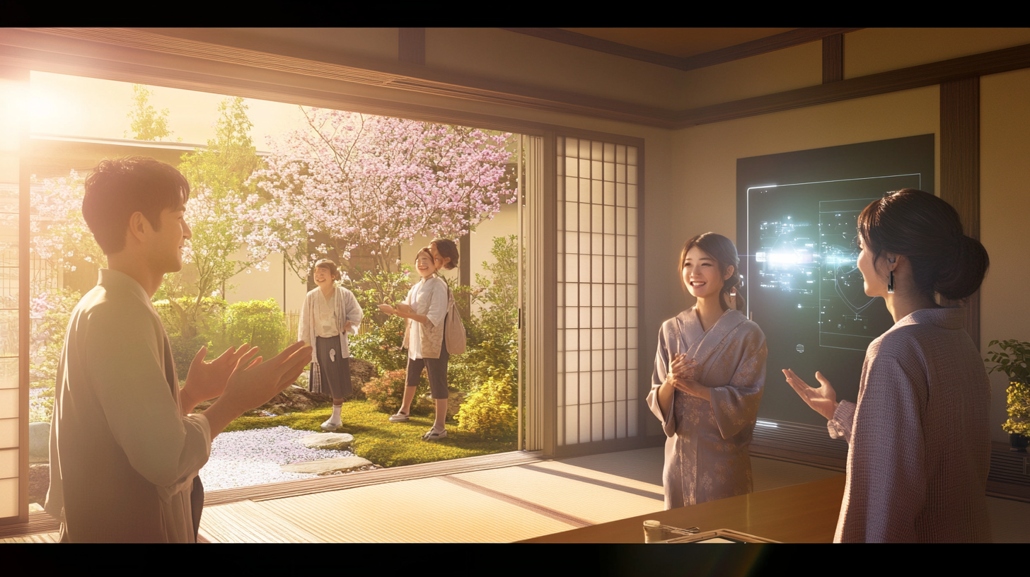 Japanese family bonding in tranquil, futuristic home garden.