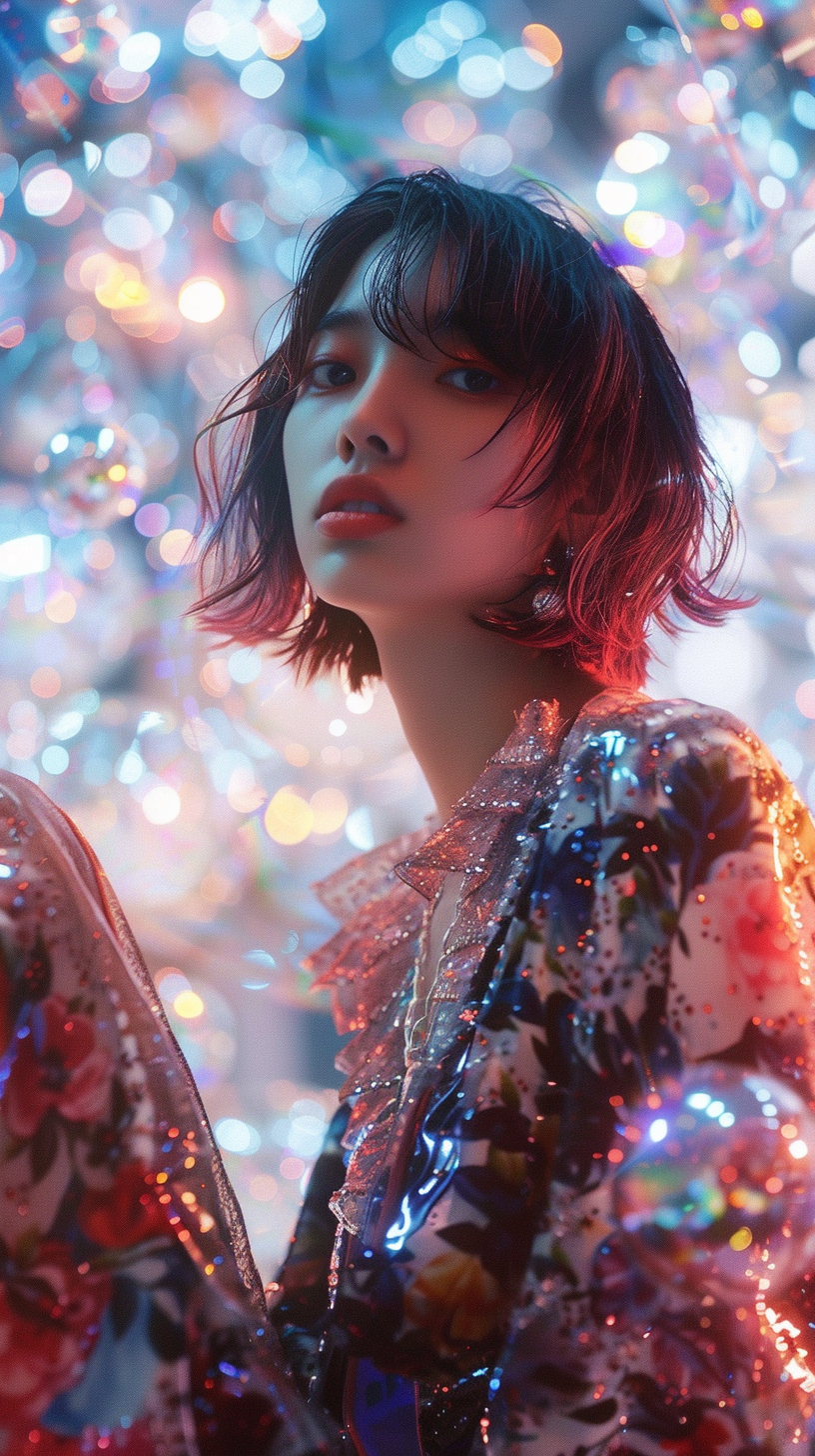 Japanese fashion model in cosmos-inspired luxury brand clothes.