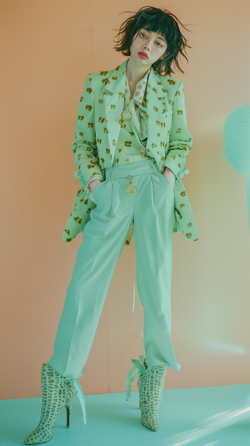 Japanese fashion model in mint green giraffe outfit pose.