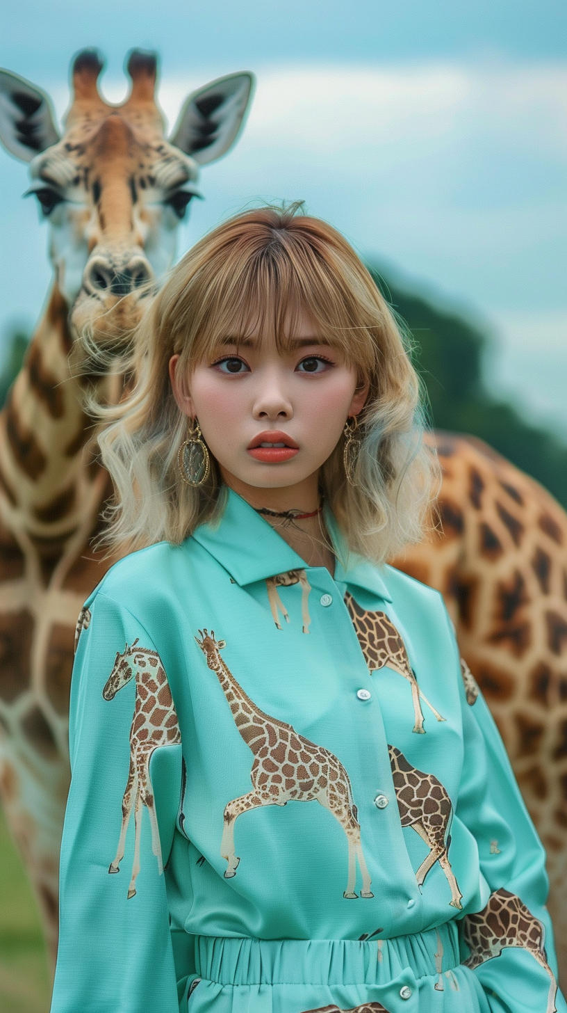 Japanese fashion model in mint green giraffe outfit.