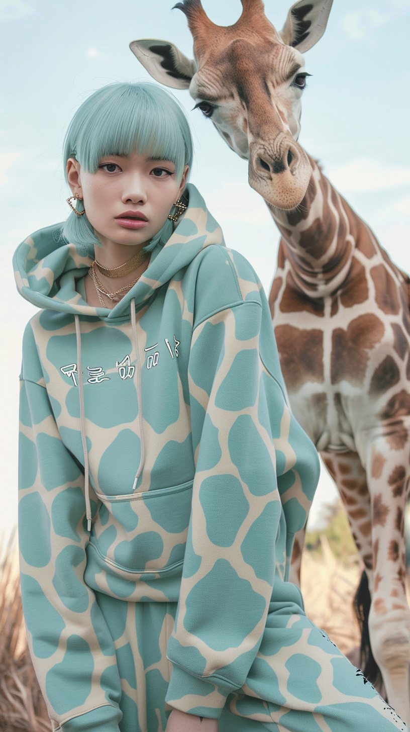 Japanese fashion model in mint green giraffe print outfit.