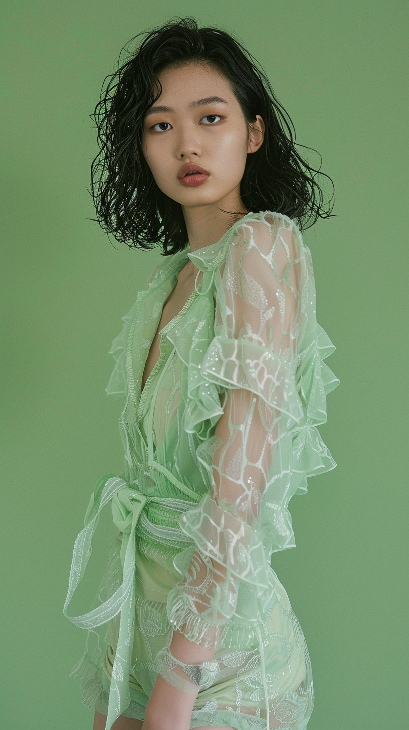 Japanese fashion model in mint green giraffe print.