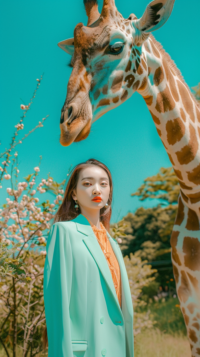 Japanese fashion model in mint green outfit on savannah