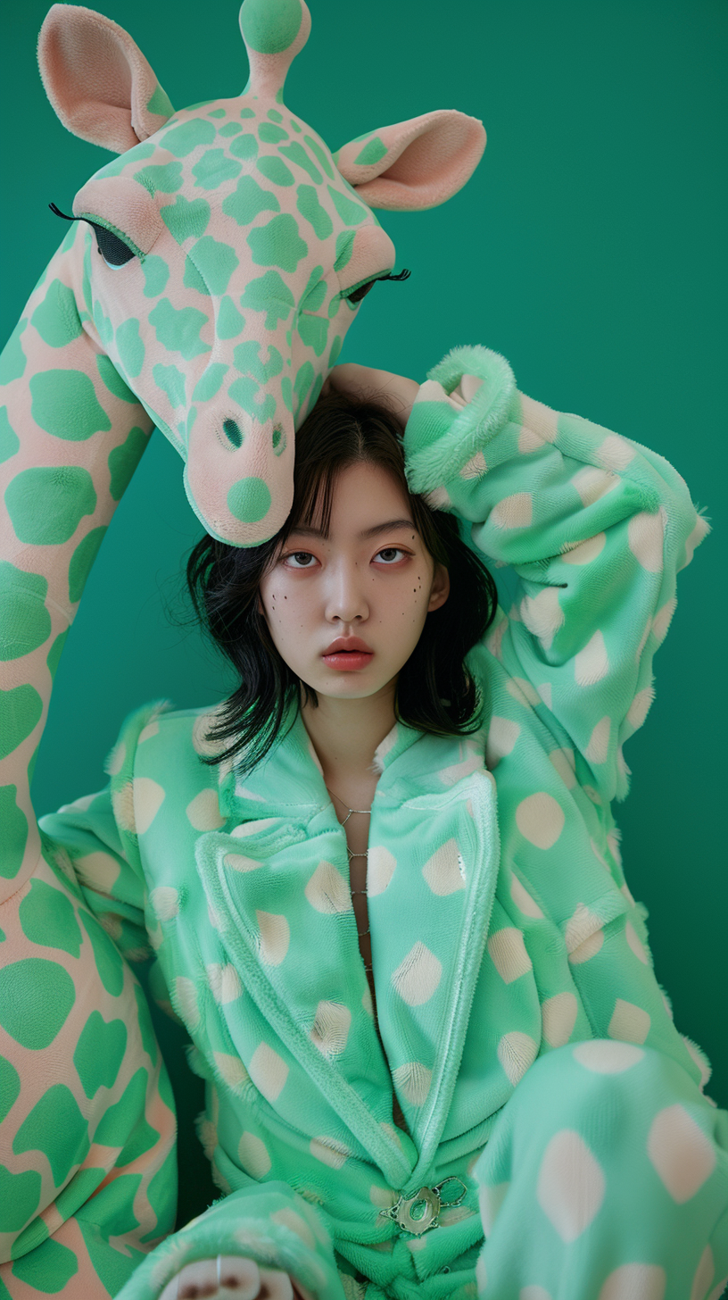 Japanese fashion model in mint green outfit with giraffe.