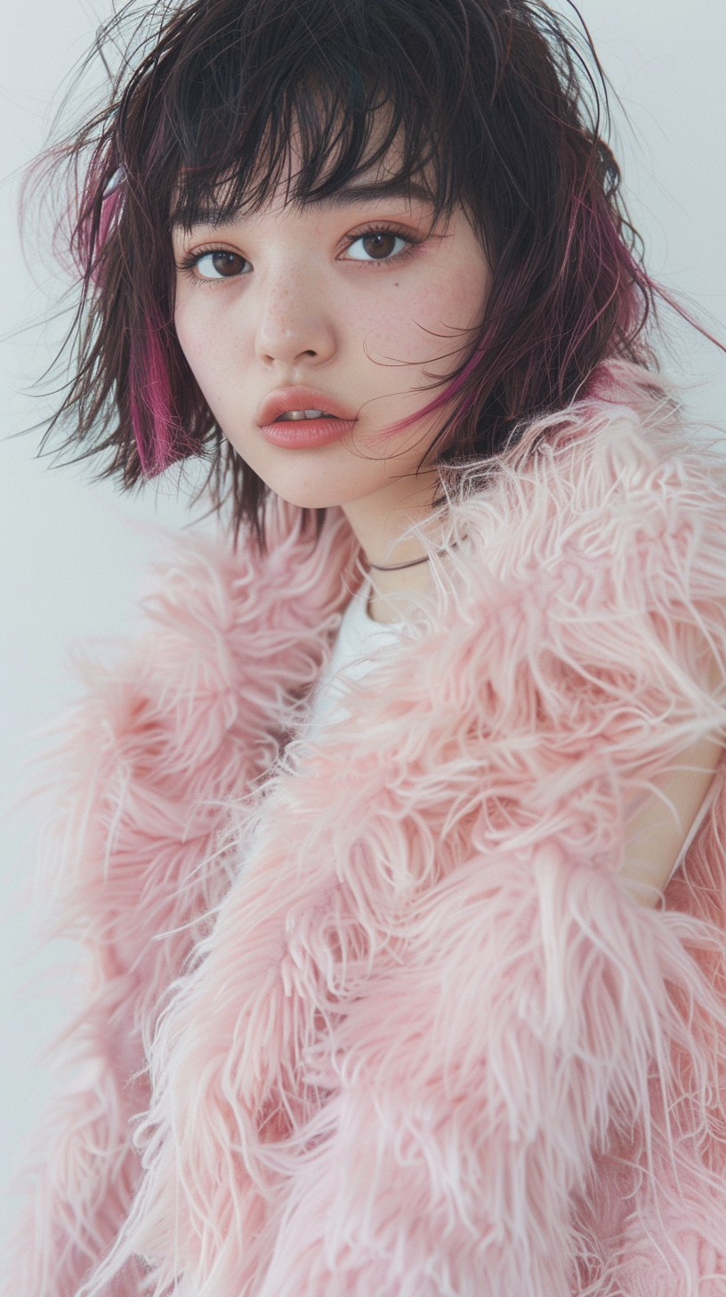 Japanese fashion model in pink fur outfit, high fashion pose.