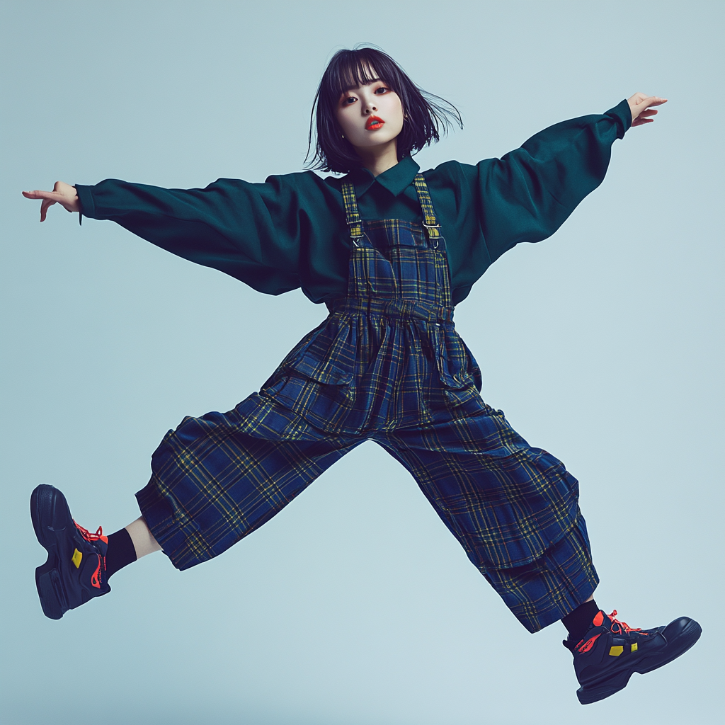 Japanese fashion model in stylish clothing doing high kicks.