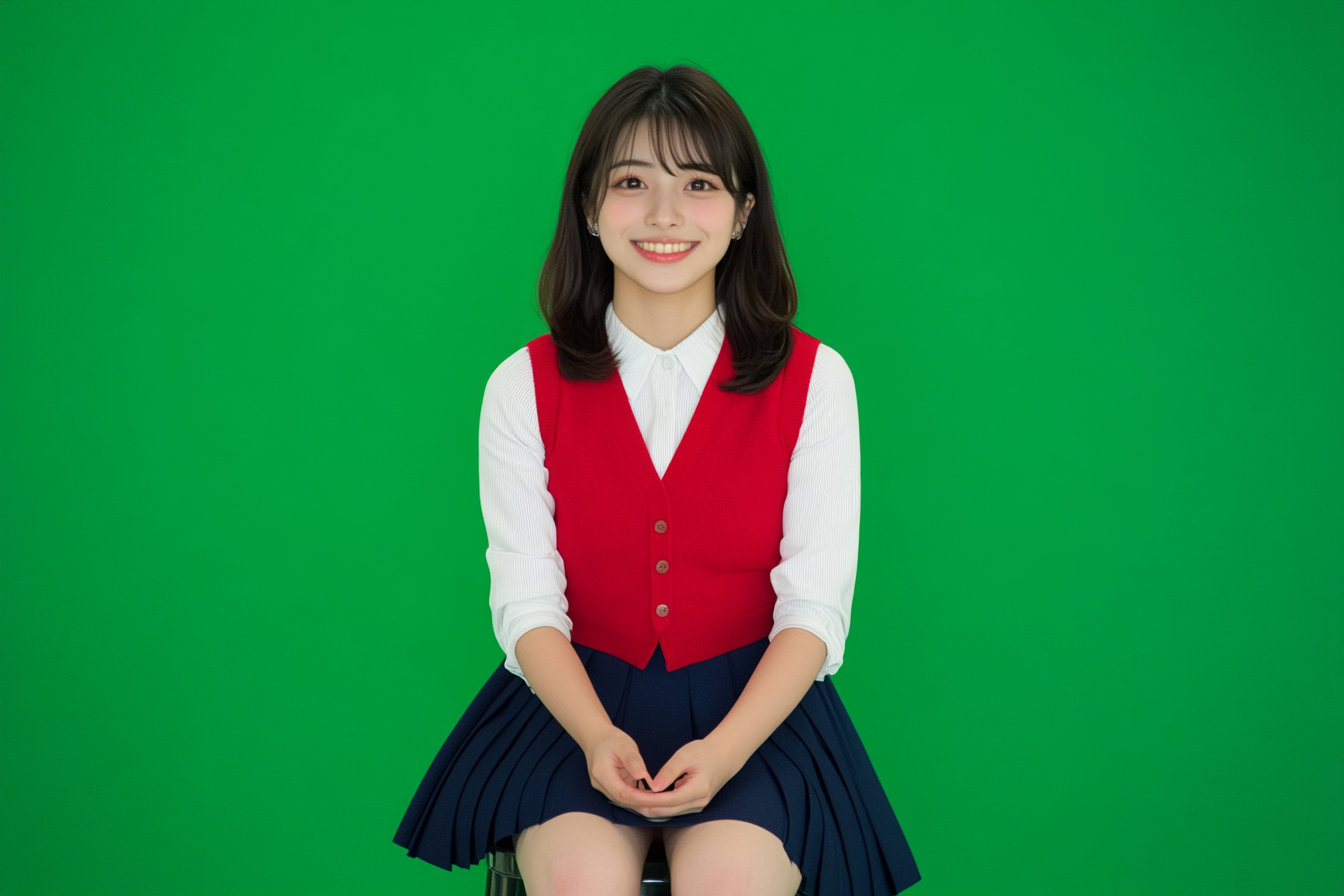 Japanese female, early twenties, smiling, red vest outfit, sitting