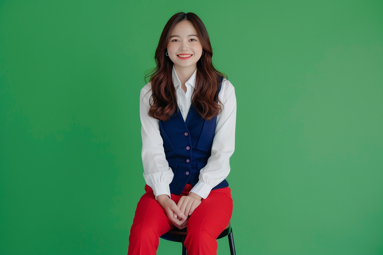 Japanese female in twenties with white blouse, navy vest, red trousers, smiling, sitting on iron stool.