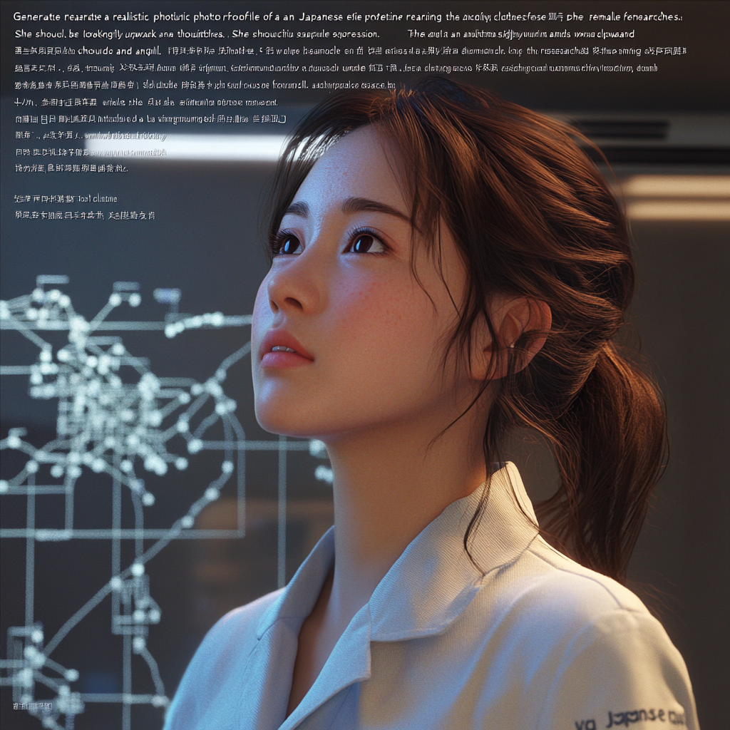 Japanese female researcher in lab, focused expression portrait.