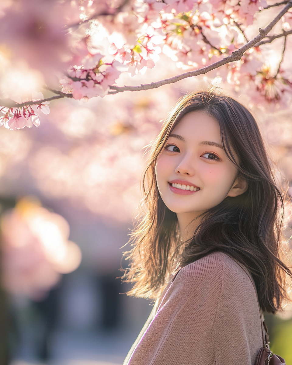 Japanese female student in Nagasaki Peace Park, cherry blossoms.