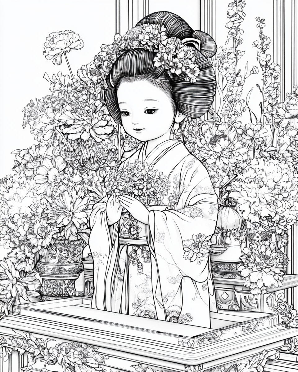 Japanese flower arrangement on tray with Geisha Doll