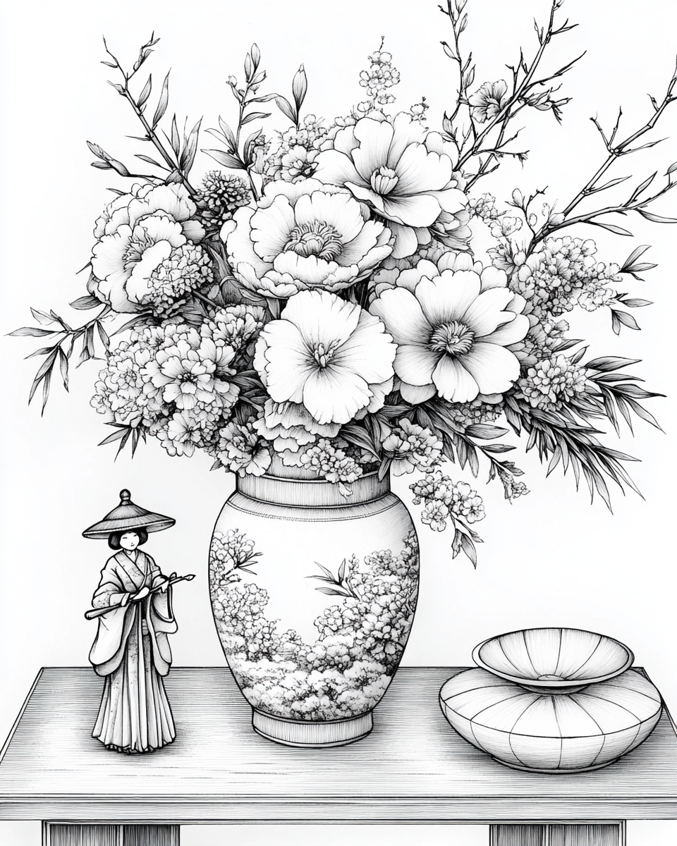 Japanese flowers and geisha doll in vase Coloring Page