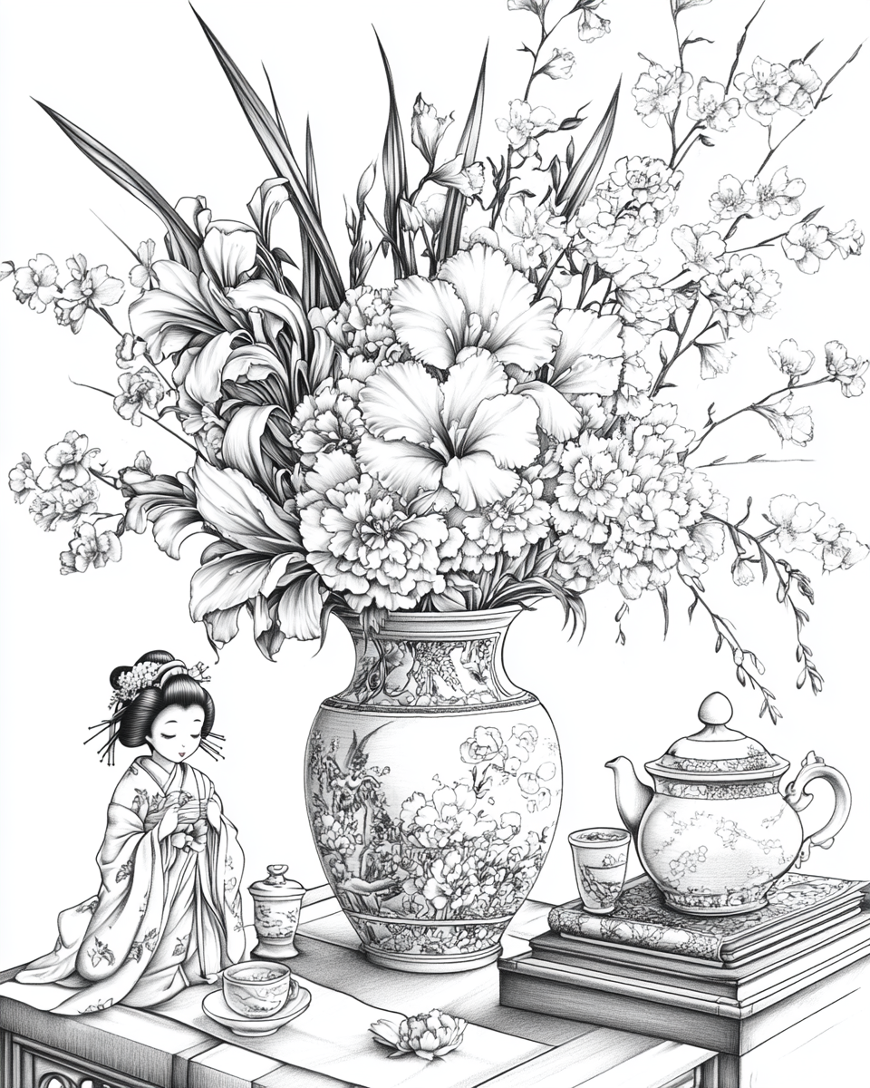 Japanese flowers in vase with Geisha Doll