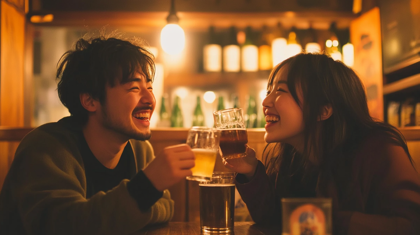 Japanese friends celebrating in cozy tavern delighted.