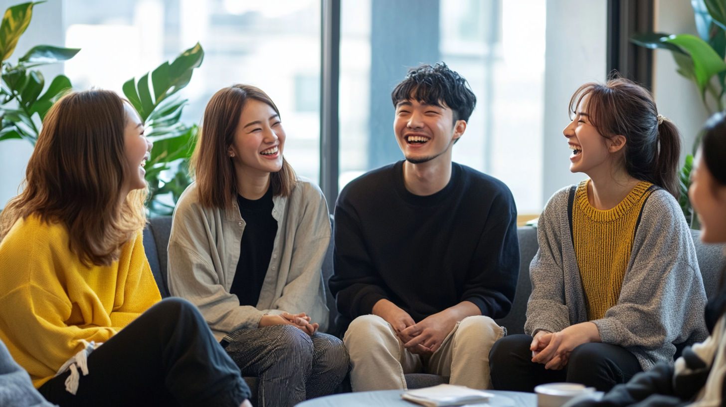 Japanese friends laughing on sofa in bright room.