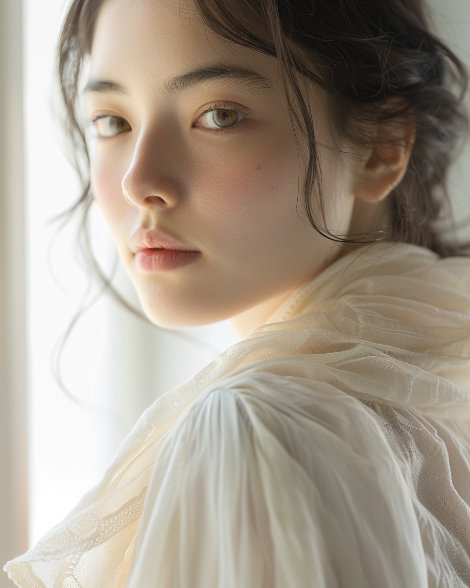 Japanese girl in white cardigan, close-up image.