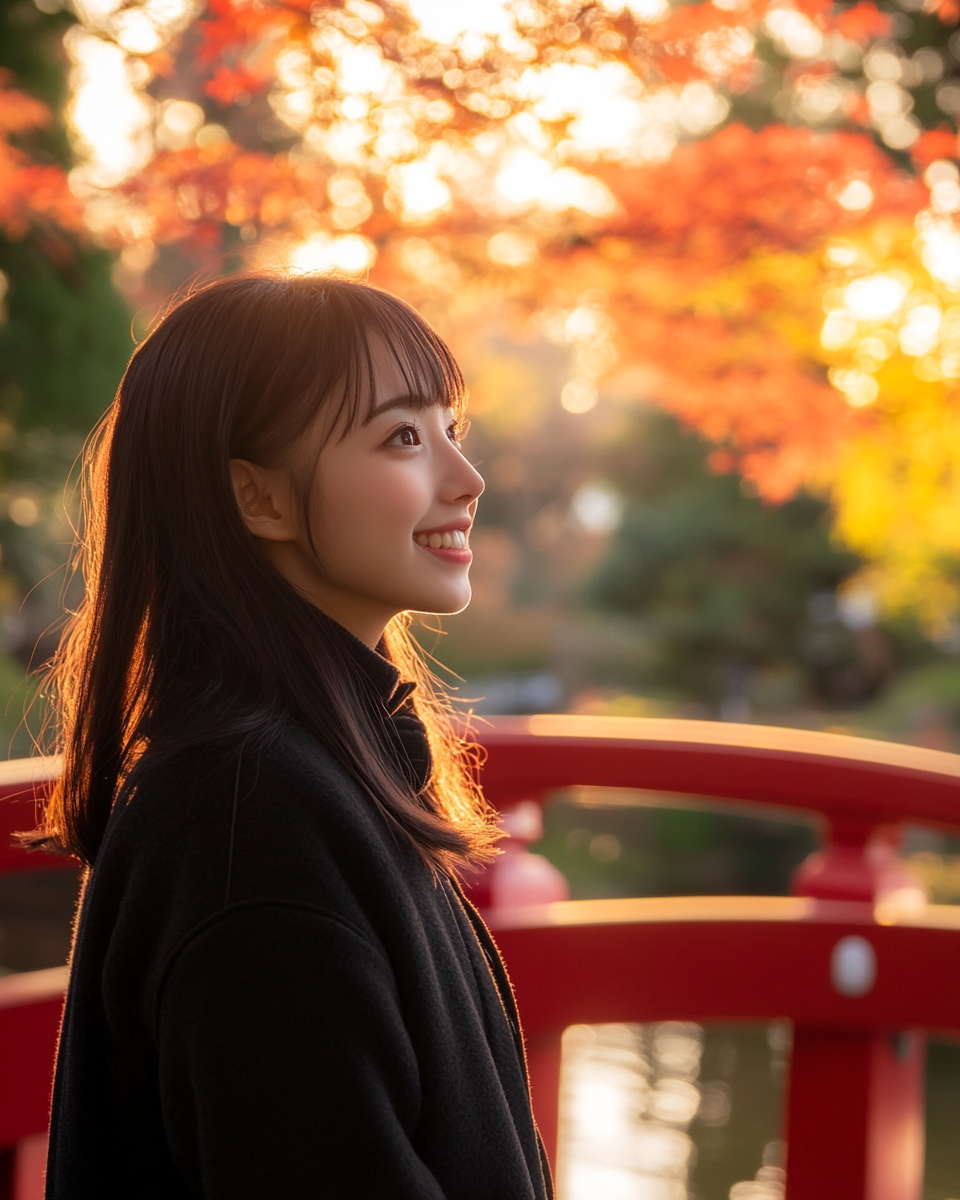 Japanese girl smiling in autumn garden with red bridge.