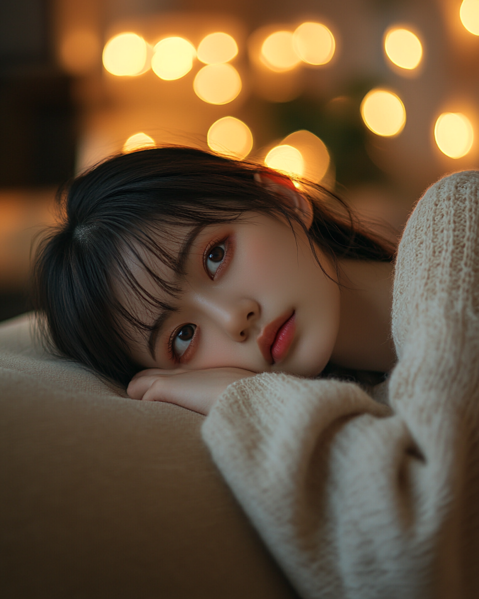 Japanese girl with clavicular-length hair lounging on beige sofa.