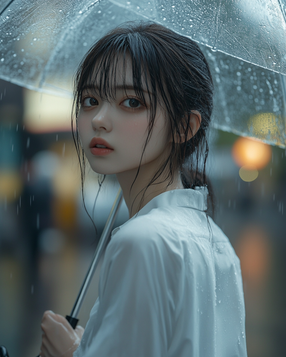 Japanese girl with delicate features holding an umbrella in rain.