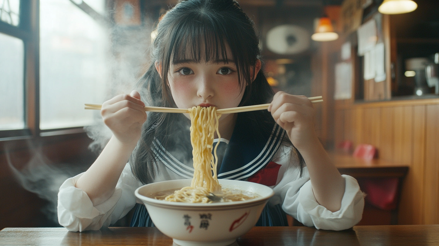 Japanese high school girl eating ramen in cozy shop.