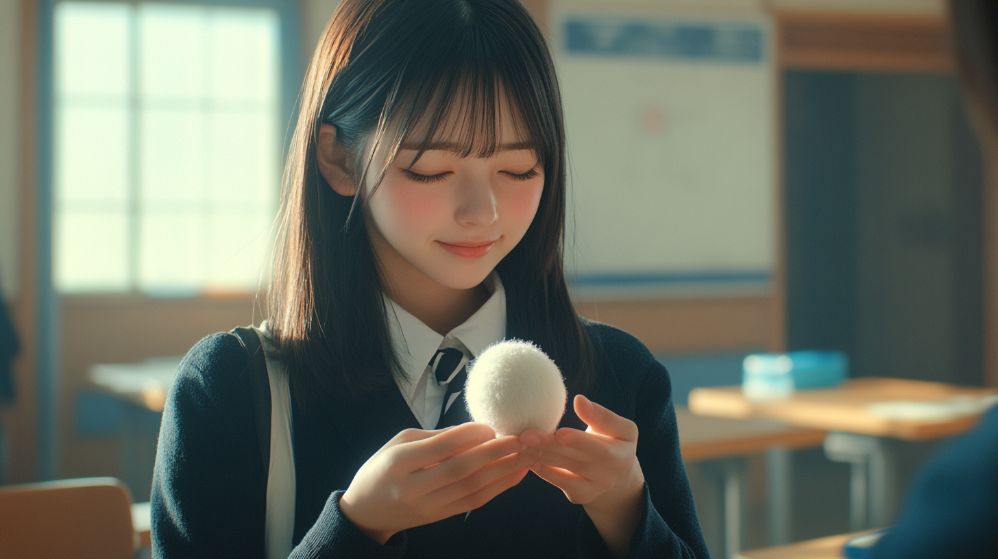 Japanese high school girl holding fluffy ball in classroom