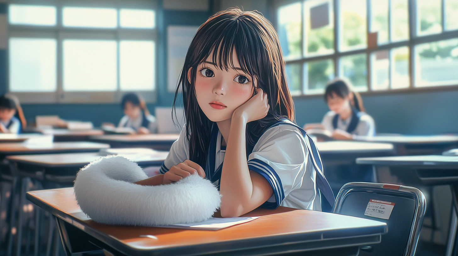 Japanese high school girl studying with band; realistic classroom setting.