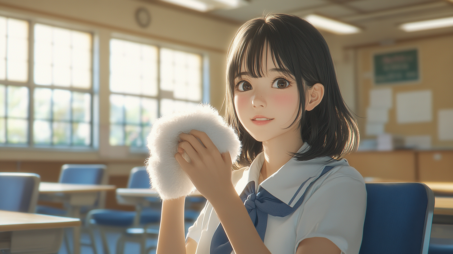 Japanese high school girl with fluffy band on hand