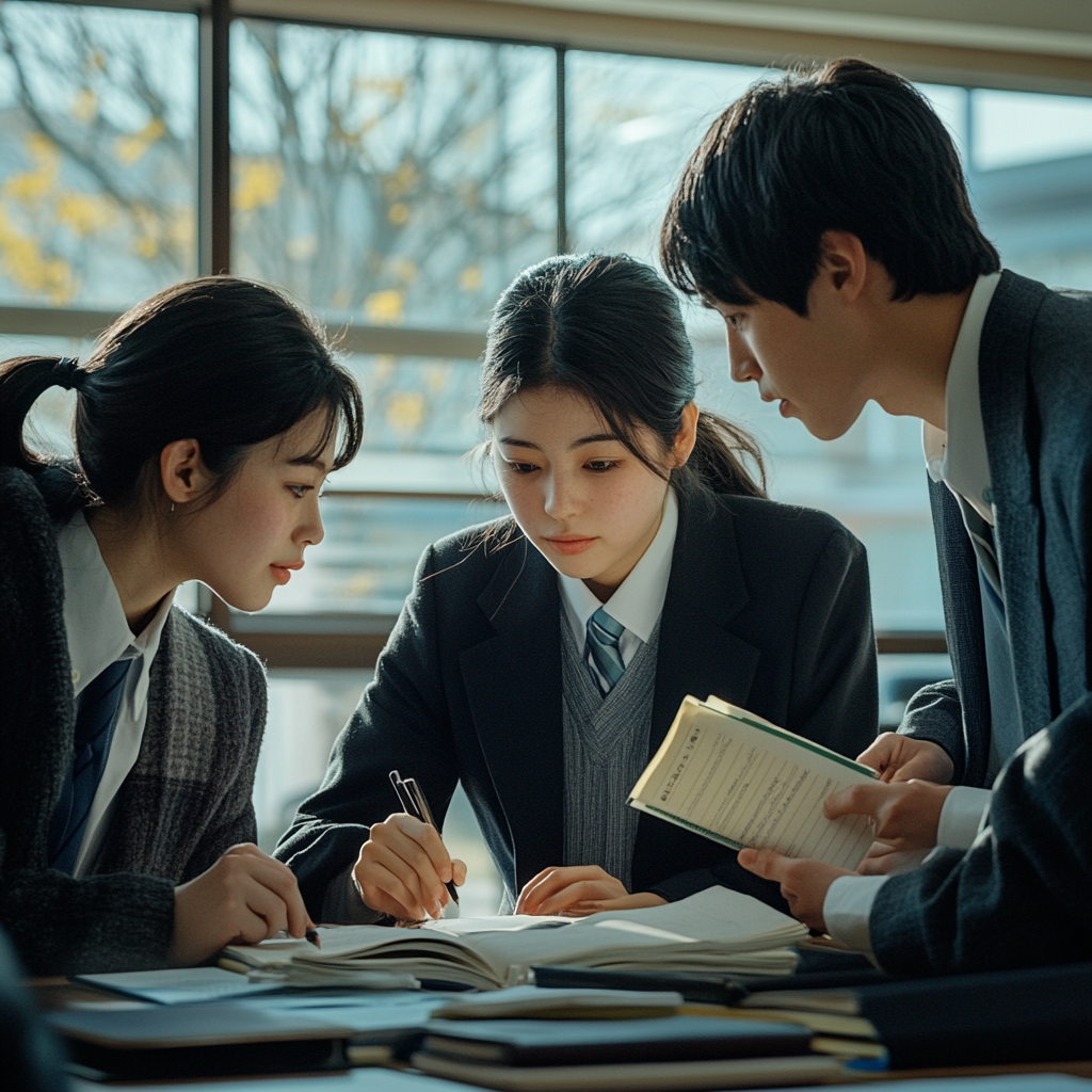 Japanese high school student receives guidance from teachers.