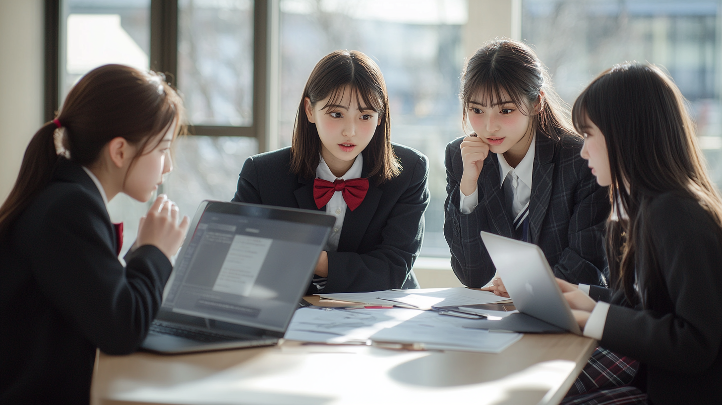 Japanese high school students in uniforms discuss project, teamwork.