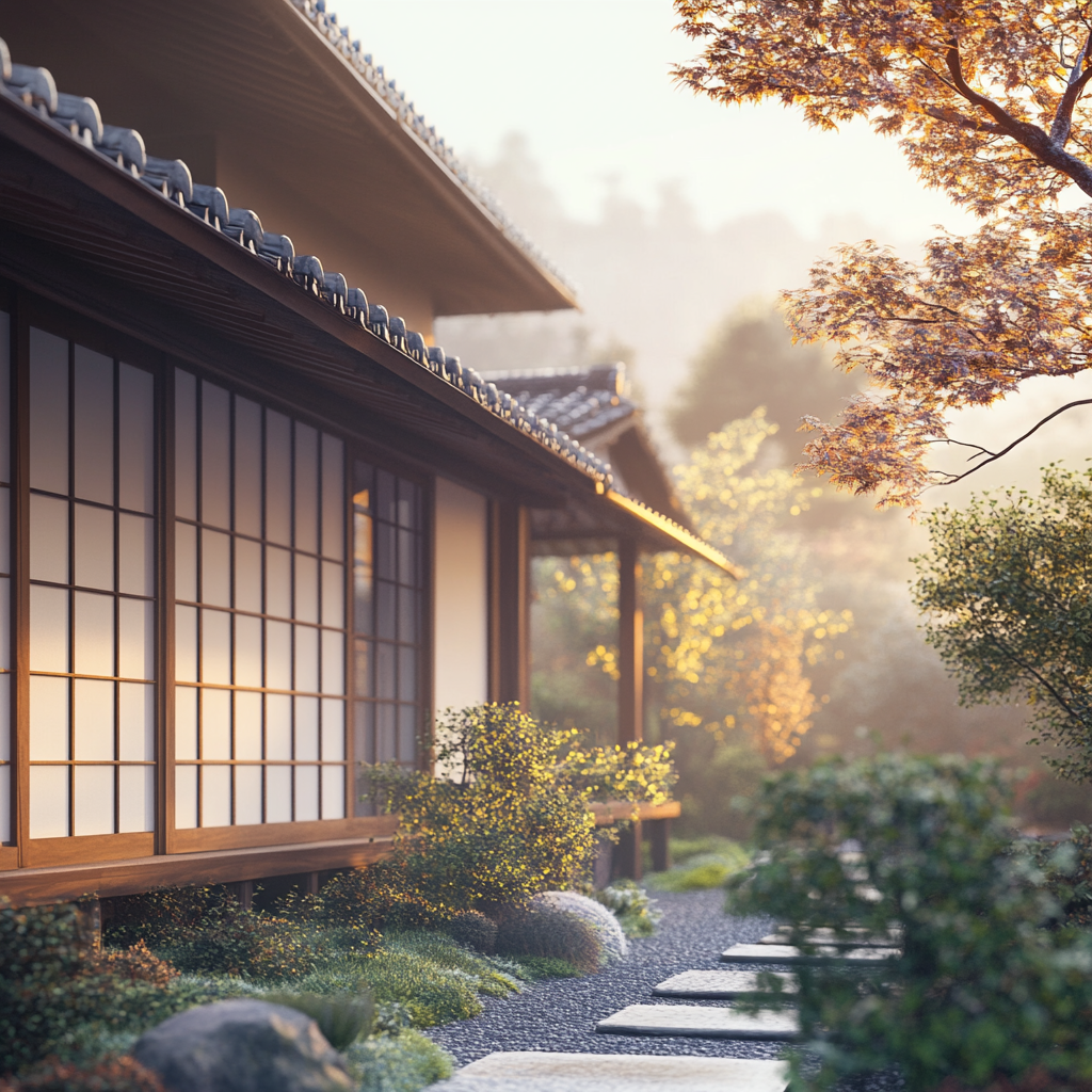 Japanese house with engawa in misty natural setting.