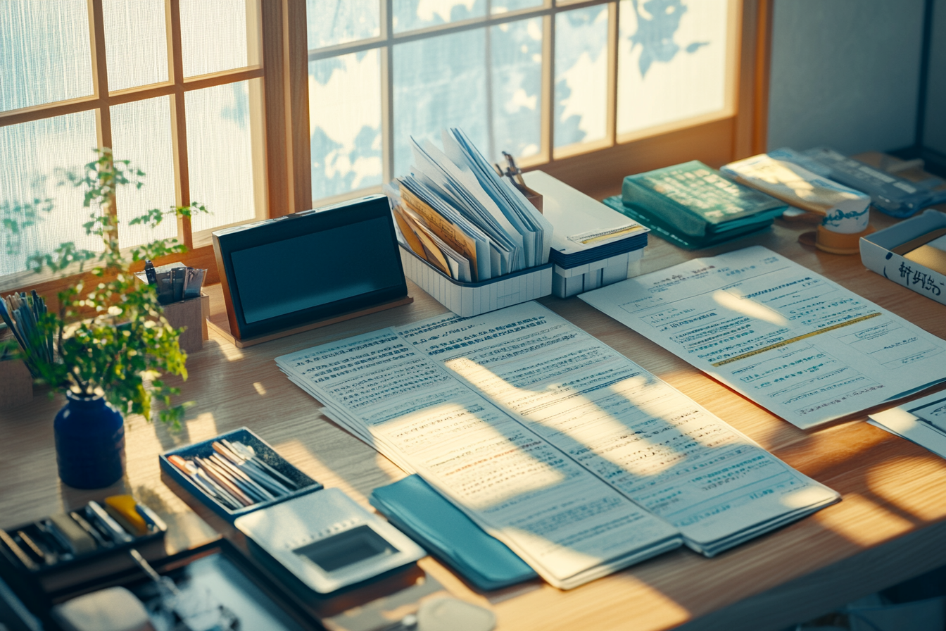 Japanese household's organized financial documents.