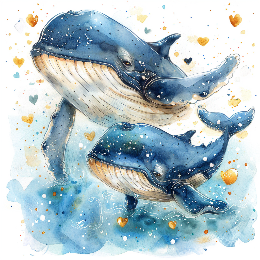 Japanese-inspired kawaii whale and calf design, super cute!