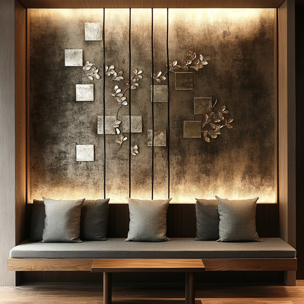 Japanese inspired wall decor with silver gilding, linen textile.