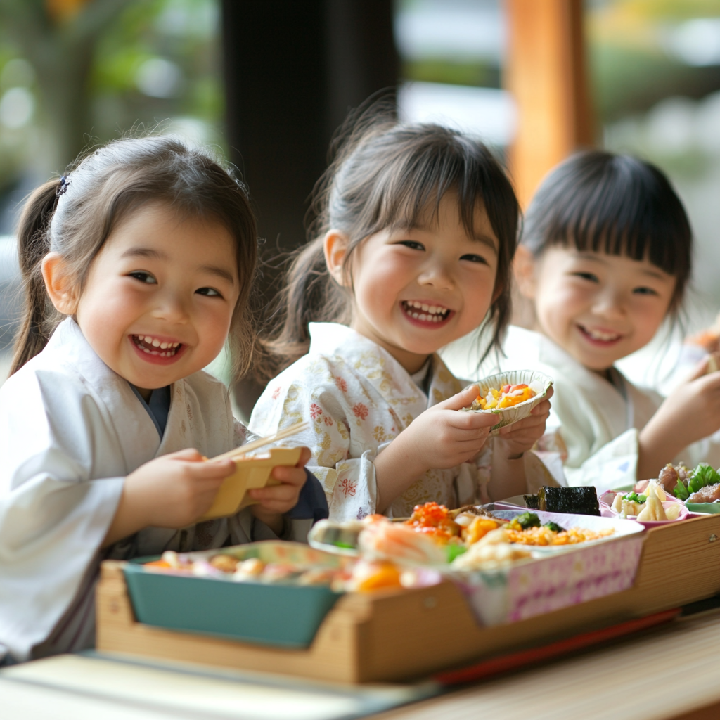 Japanese kids happily eating bento