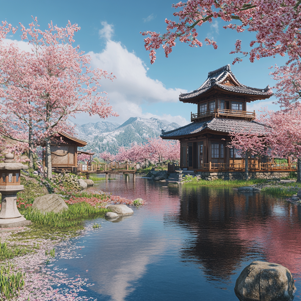 Japanese landscape with cherry blossoms, tea houses, and pond.