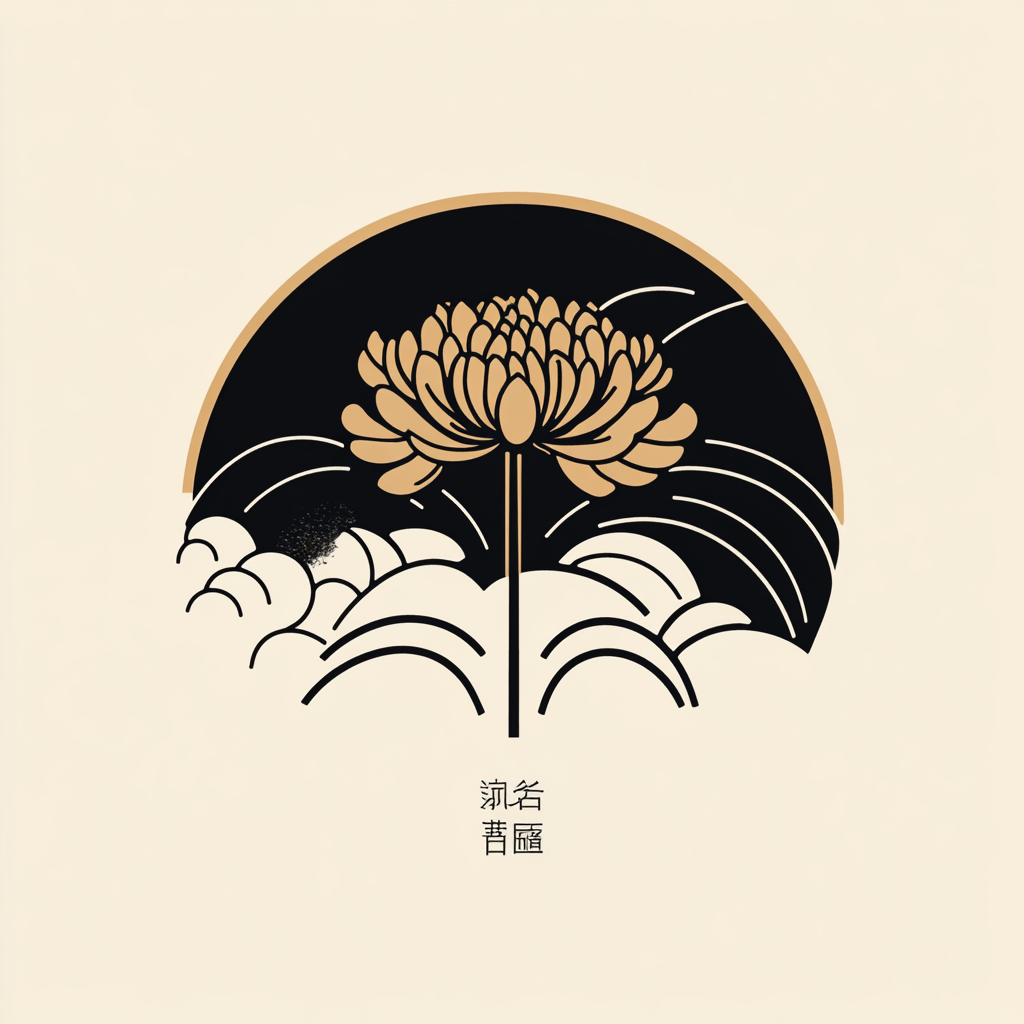 Japanese logo with chrysanthemums, waves, and Sukunahikona symbol