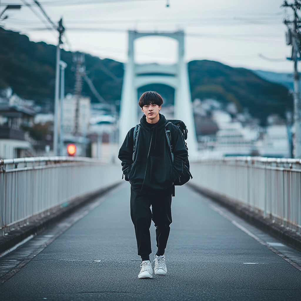 Japanese male student walks through Nagasaki streets in trendy outfit.