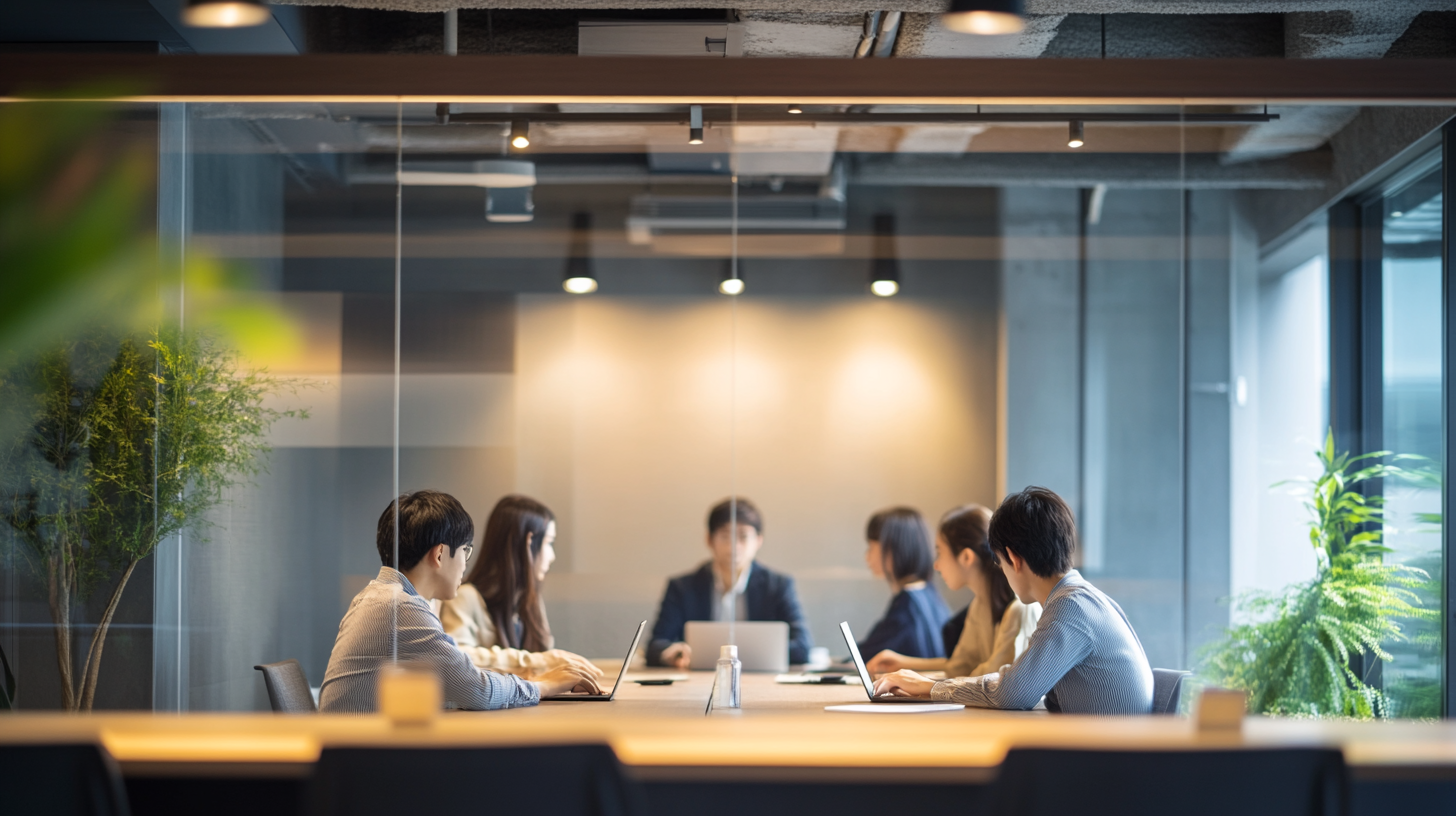 Japanese man and woman in modern office, natural lighting.